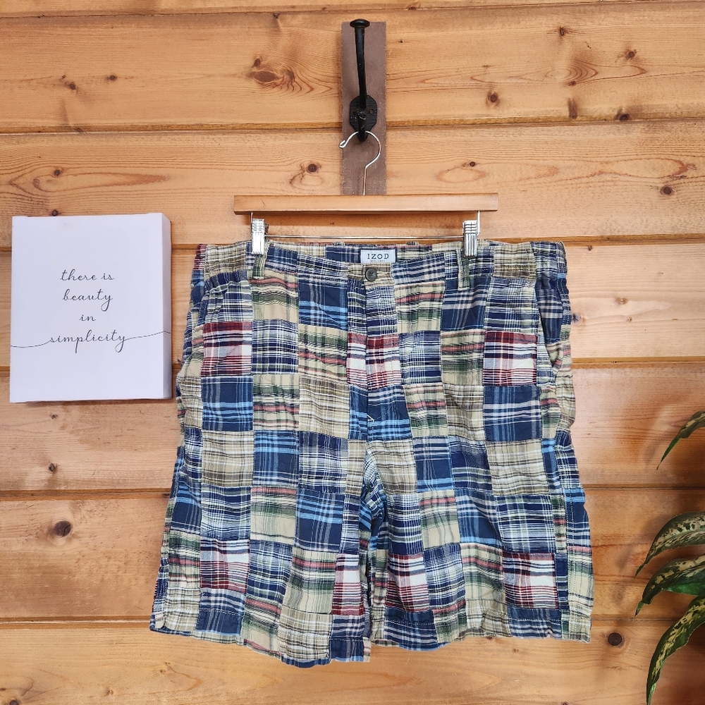 Izod‎ Chino Shorts Madras Plaid Multi Patchwork Preppy Classic Size 40 X 9.5"